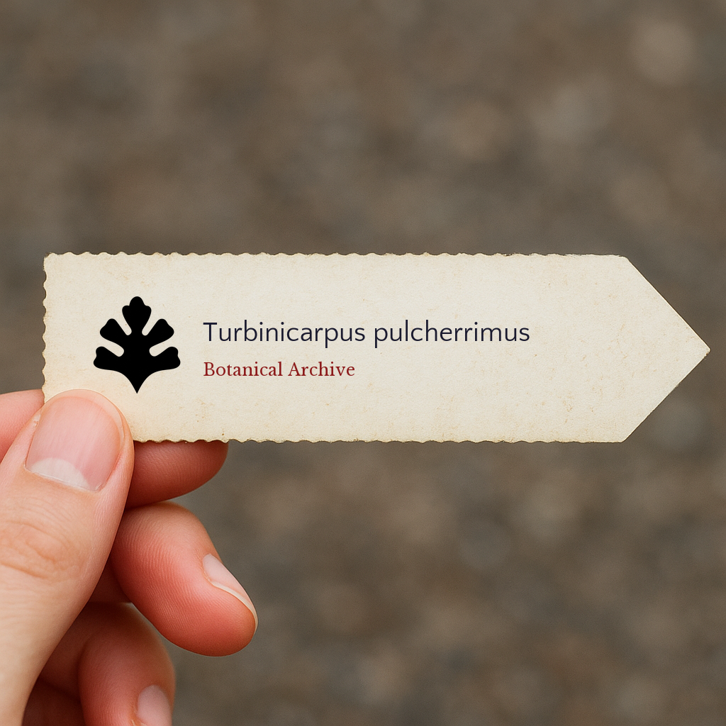 Printed plant label for Turbinicarpus pulcherrimus with botanical archive logo held by hand
