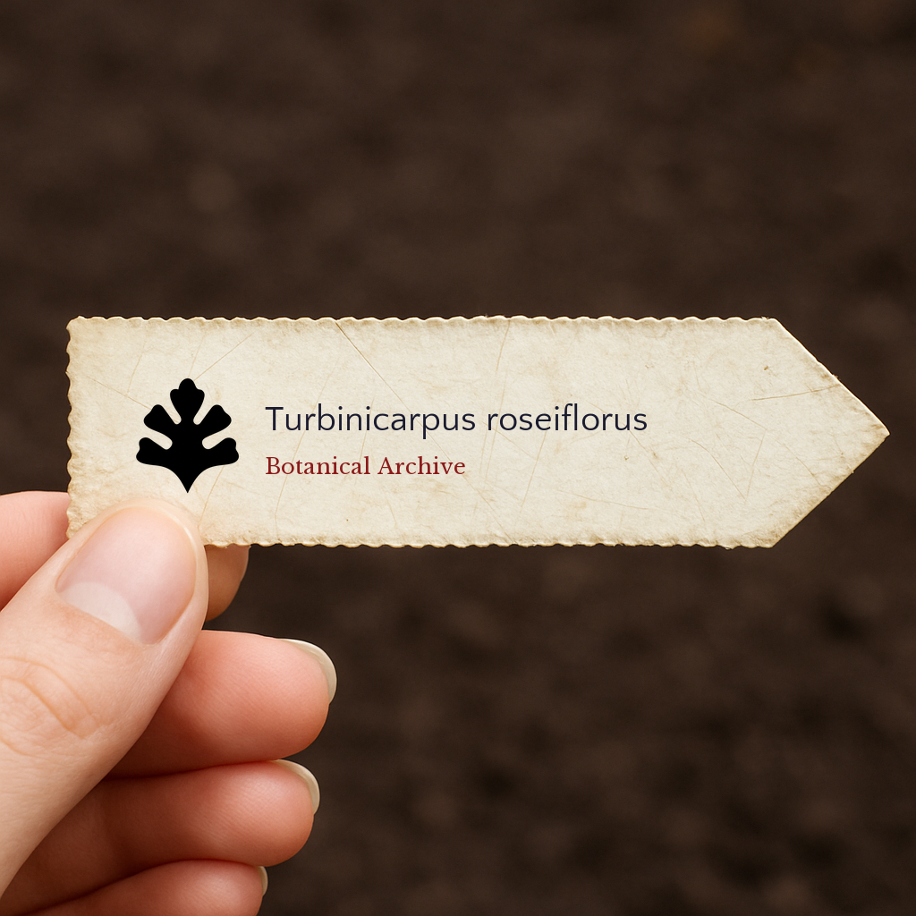 Printed plant label for Turbinicarpus roseiflorus held over soil background