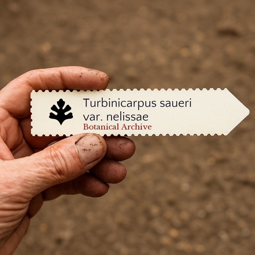 Printed plant label for Turbinicarpus saueri var. nelissae held by dirty hand outdoors