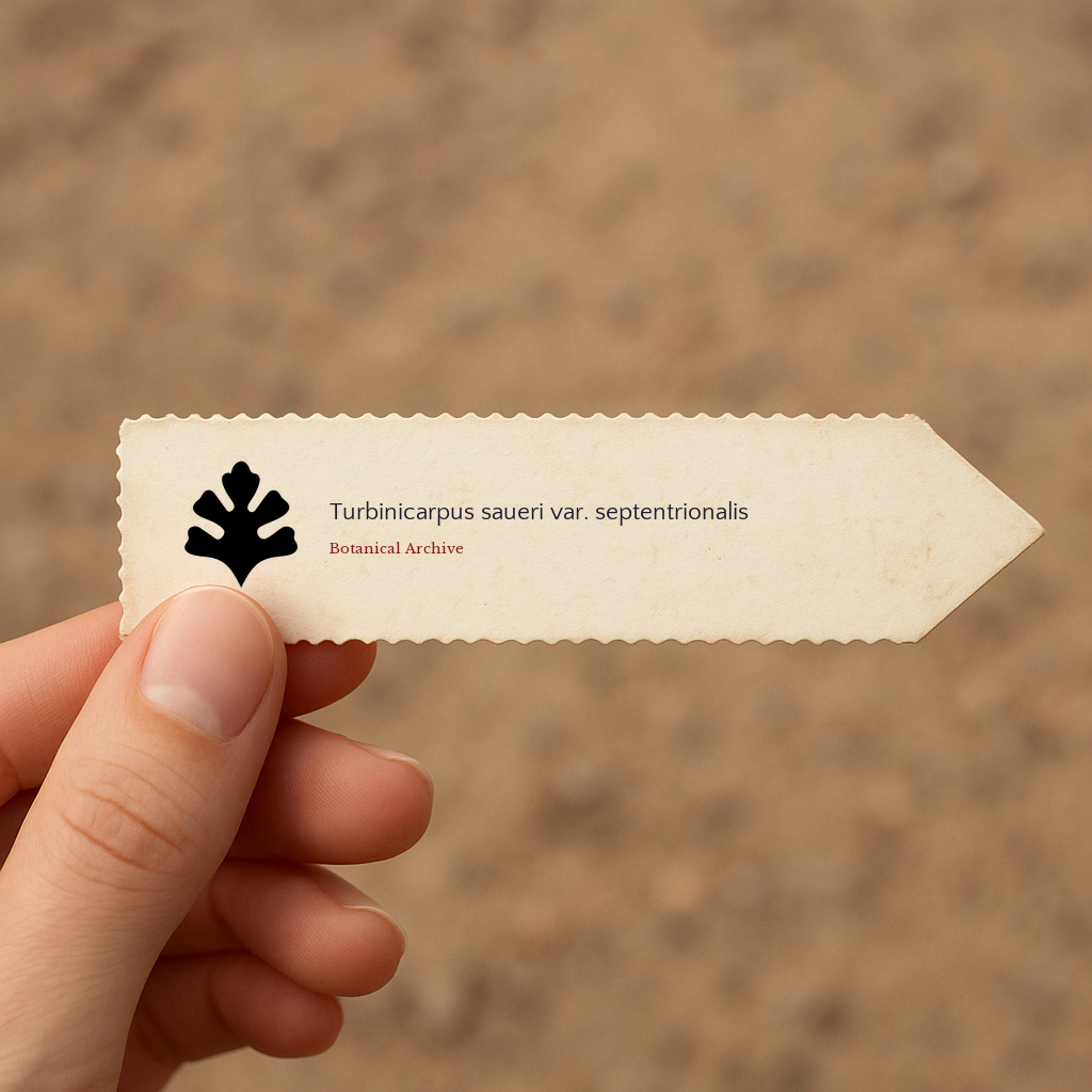 Printed plant label for Turbinicarpus saueri var. septentrionalis held in hand with beige background