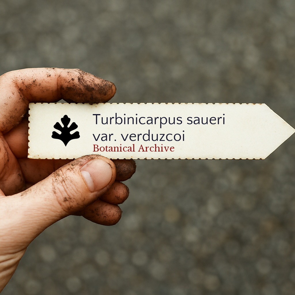 Etichetta stampata per pianta di Turbinicarpus saueri var. verduzcoi tenuta da mano sporca
