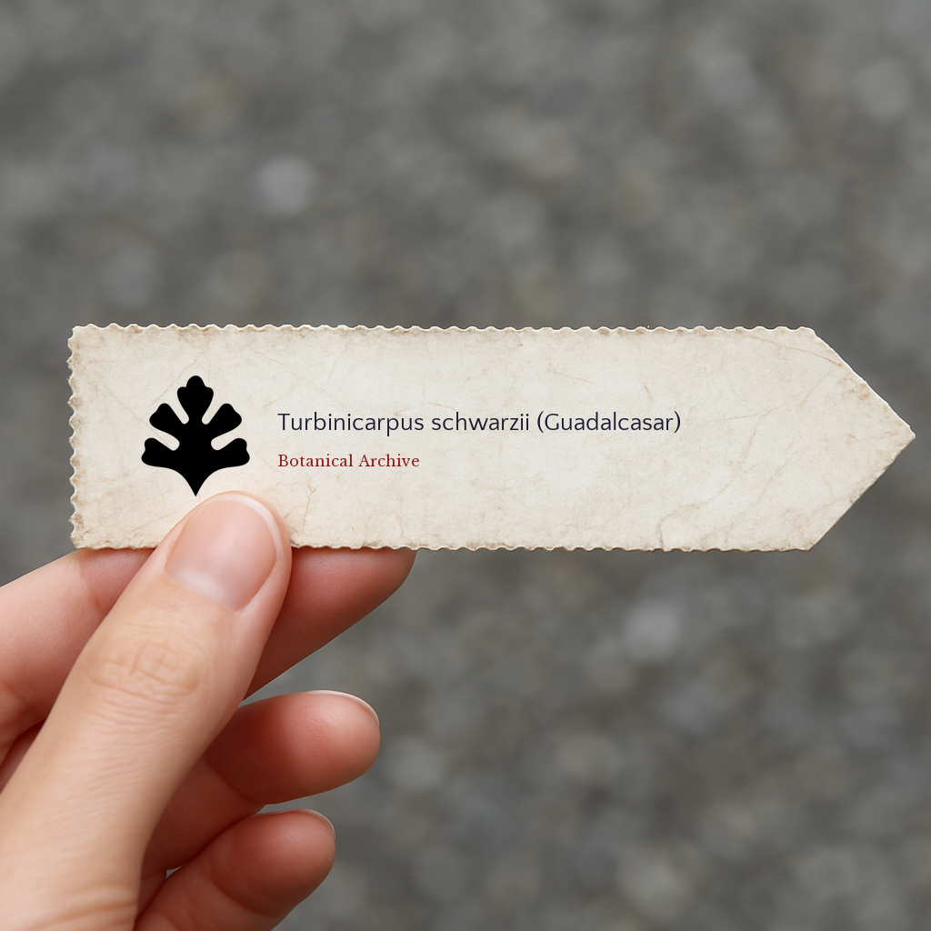 Printed plant label for Turbinicarpus schwarzii (Guadalcasar) held by hand