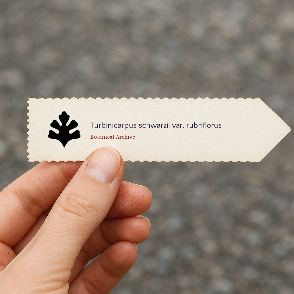 Printed plant label for Turbinicarpus schwarzii var. rubriflorus held by hand