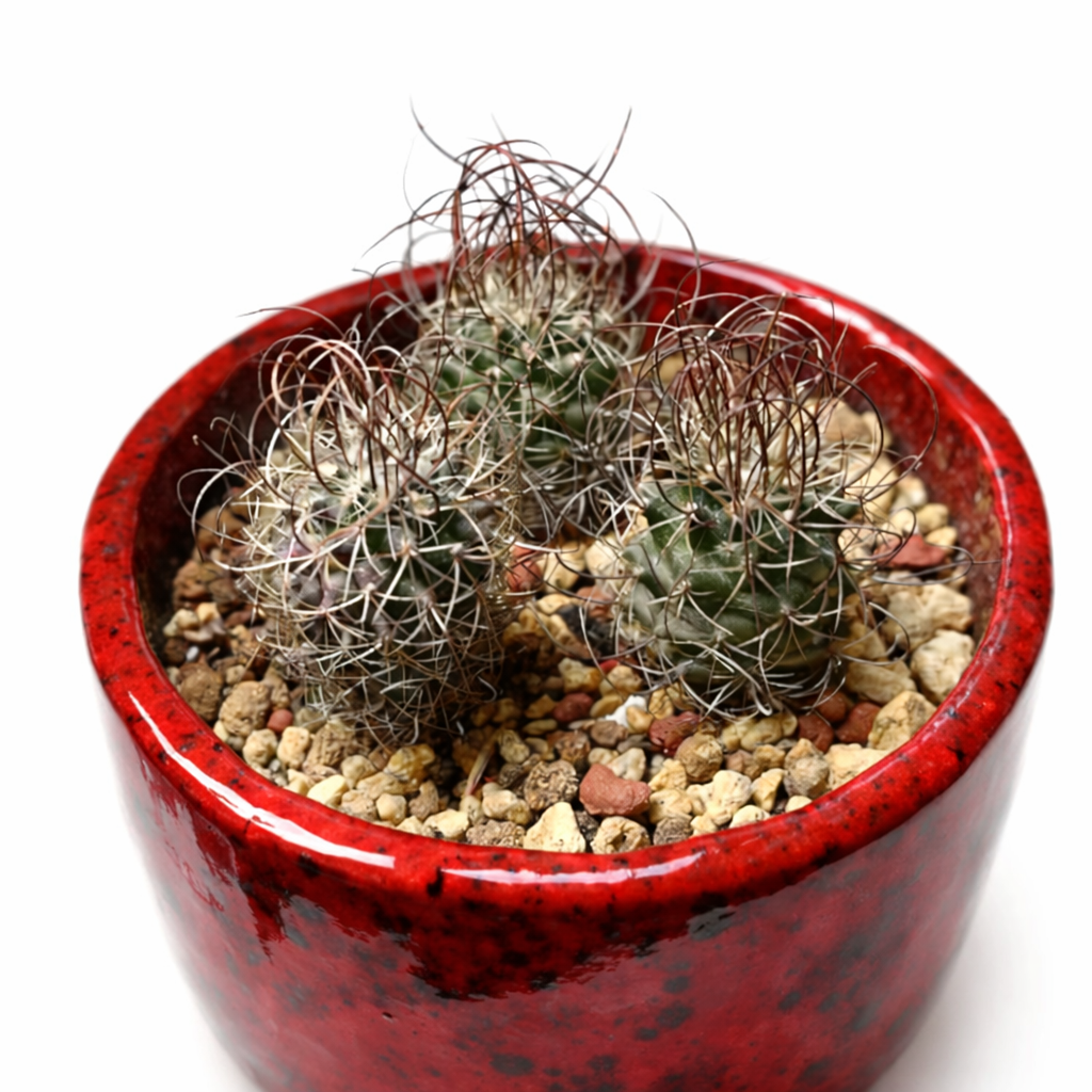 Turbinicarpus graminispinus small rare cactus with thin curved spines in red ceramic pot