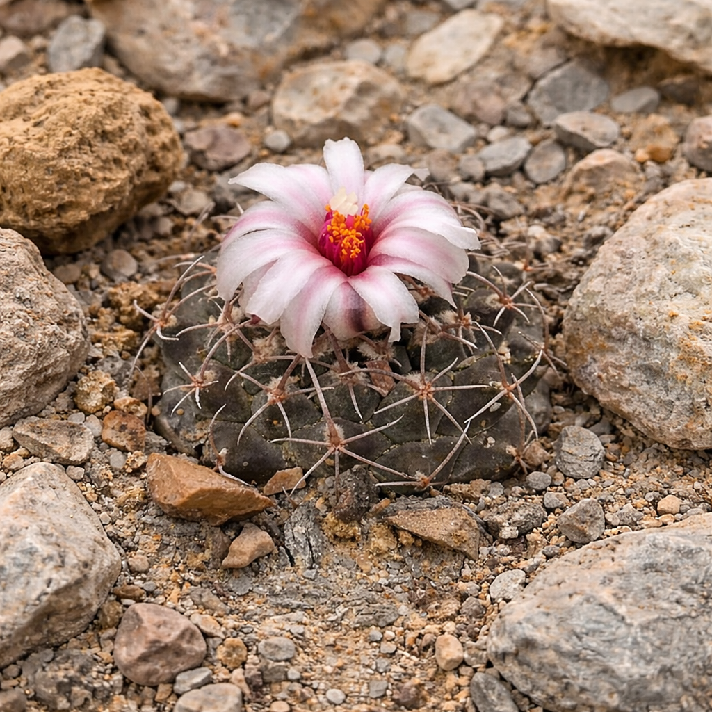 Turbinicarpus laui rare small cactus with pink and white flower on rocky soil