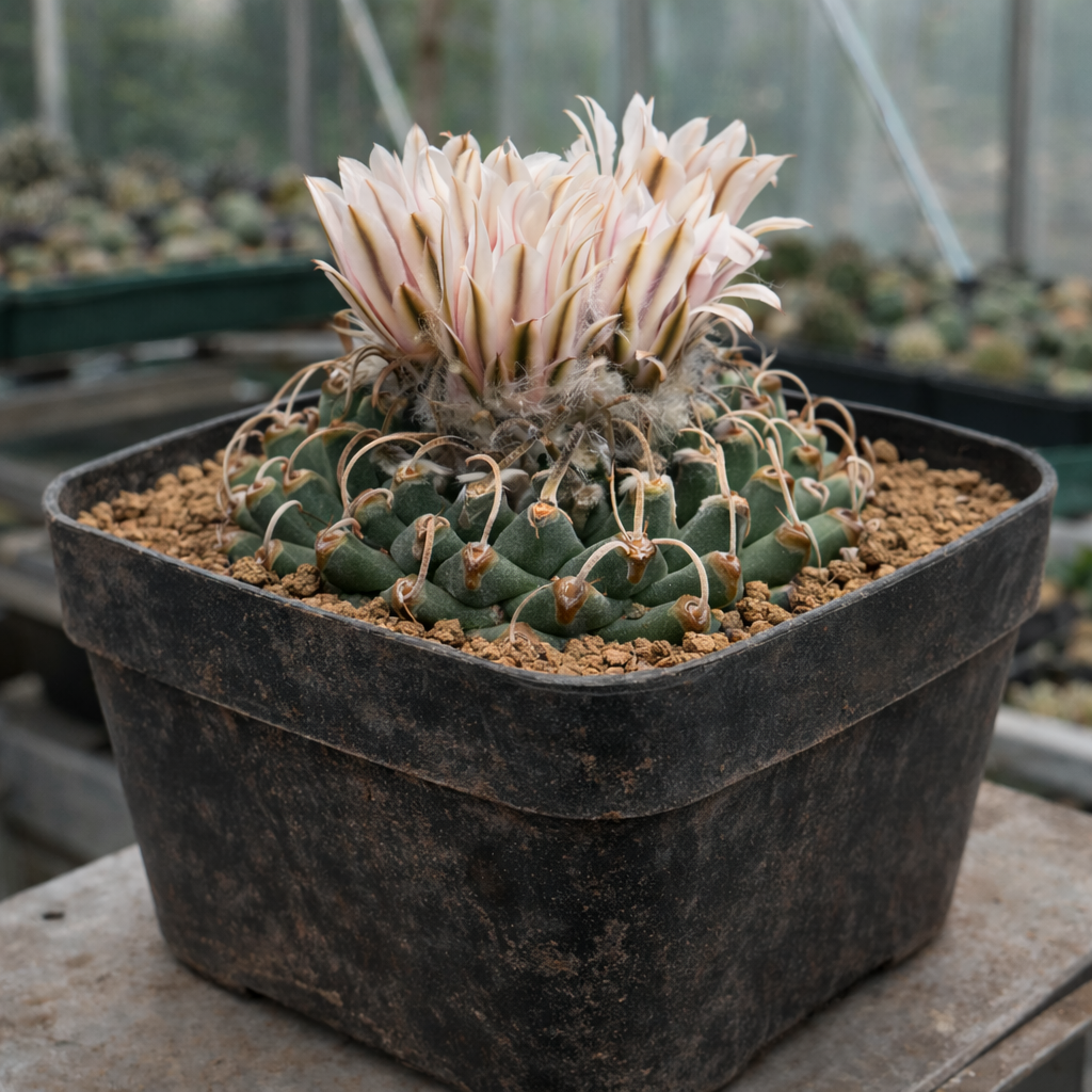 Turbinicarpus panarottoii rare cactus with dense pale pink flowers in black nursery pot