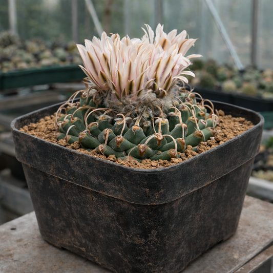 Turbinicarpus panarottoii raro cactus con fiori densi di colore rosa pallido in vaso nero da vivaio