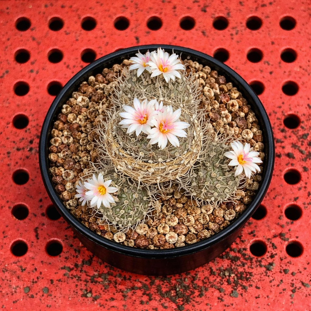 Turbinicarpus roseiflorus var. albiflorus small flowering cactus with white and pink blooms in black pot