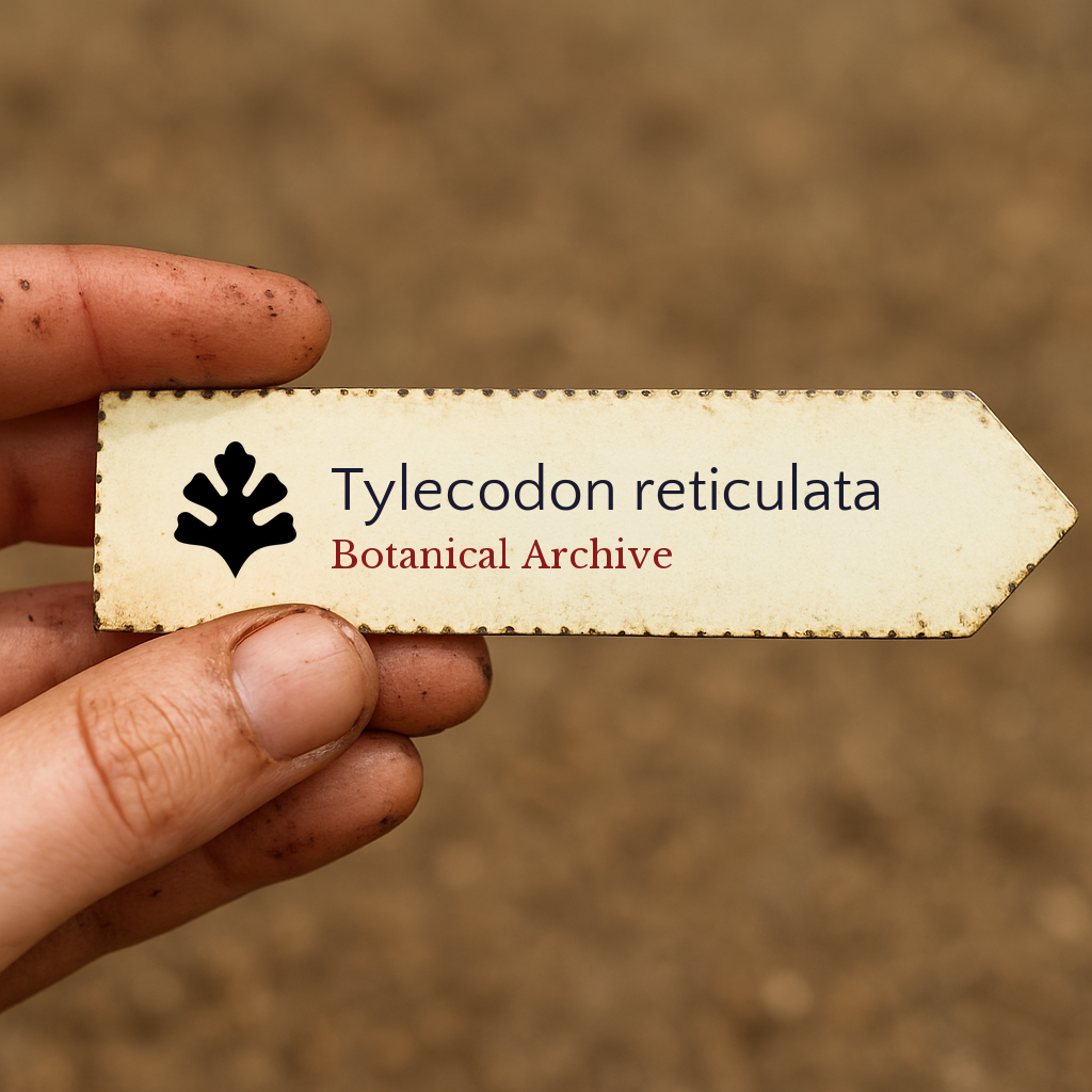 Etichetta plantare stampata per Tylecodon reticulata tenuta in mano con sfondo di terreno