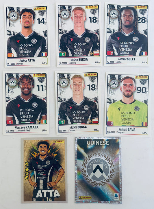 Panini Calciatori 2025-2026 football trading cards featuring Udinese players and team logo