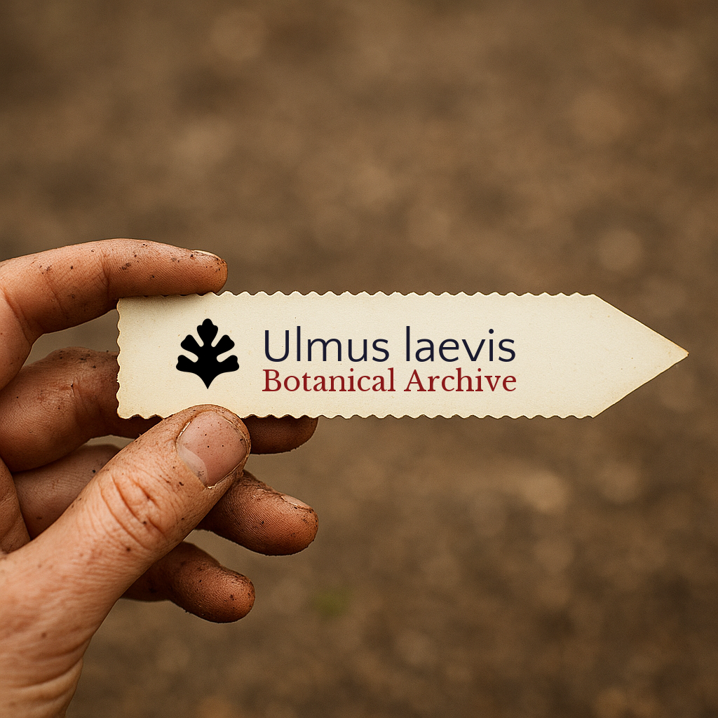 Printed plant label for Ulmus laevis Botanical Archive held by dirty hand outdoors