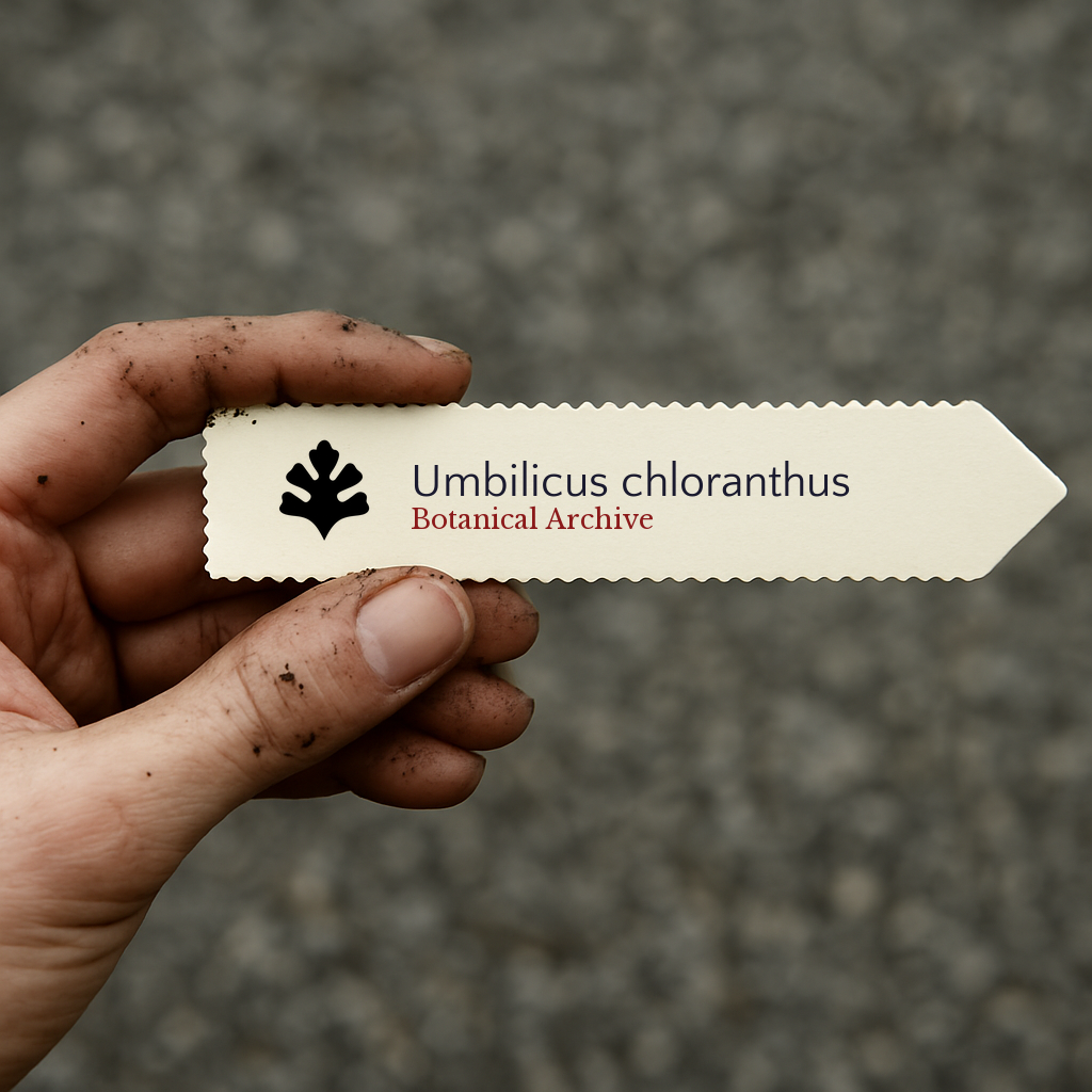 Etichetta con stampa della pianta Umbilicus chloranthus tenuta da una mano sporca all'aperto
