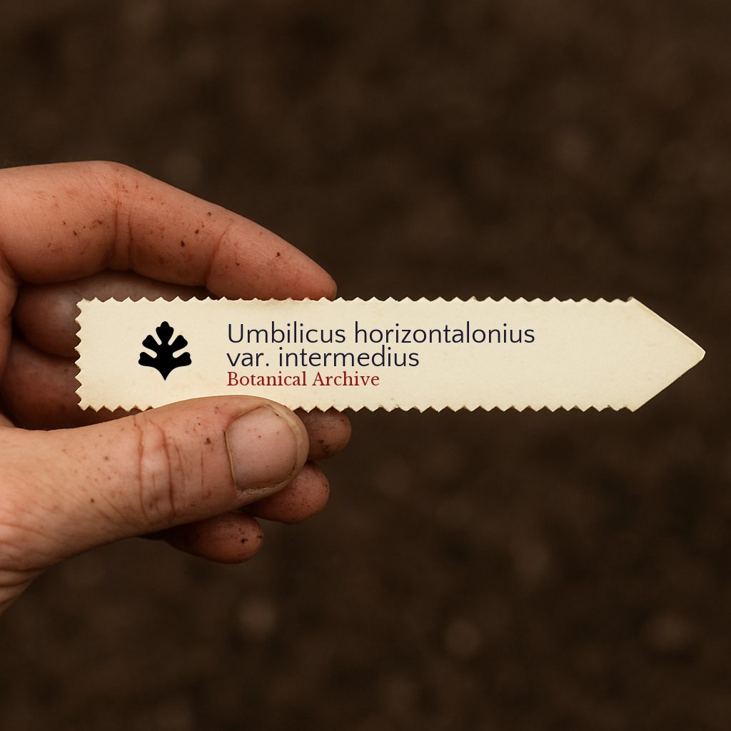 Plant label for Umbilicus horizontalonius var. intermedius with botanical archive logo held in hand