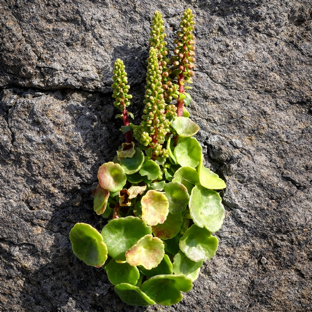 Umbilicus rupestris succulent plant with round leaves and green flowering spikes on rock surface