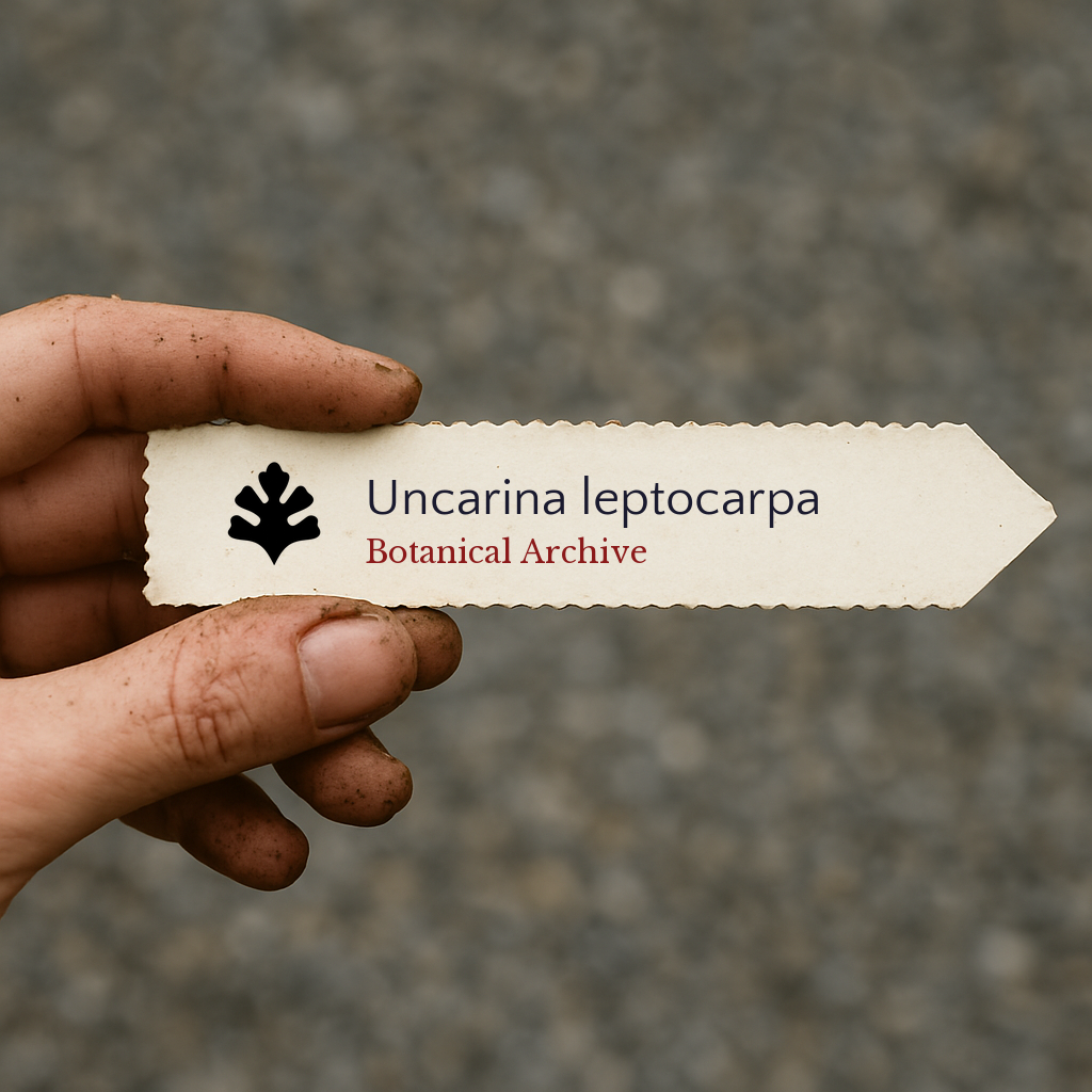 Printed plant label for Uncarina leptocarpa held by dirty hand against blurred background