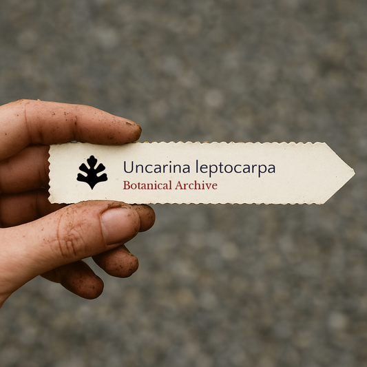 Printed plant label for Uncarina leptocarpa held by dirty hand against blurred background