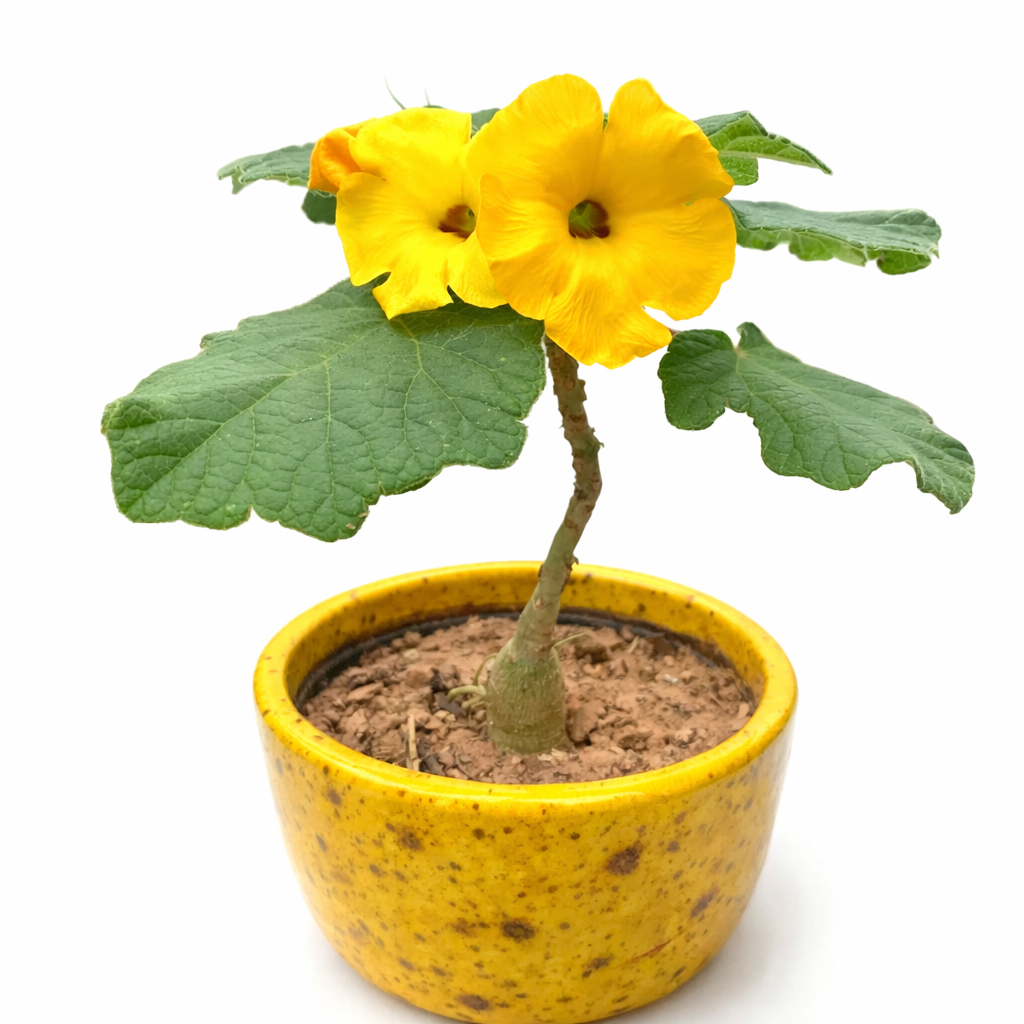Uncarina peltata small succulent with bright yellow flowers and textured green leaves in yellow pot
