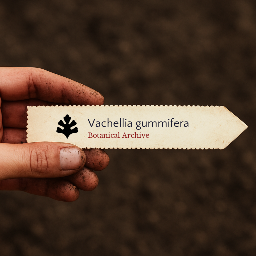 Printed plant label for Vachellia gummifera held by dirty hand with soil background