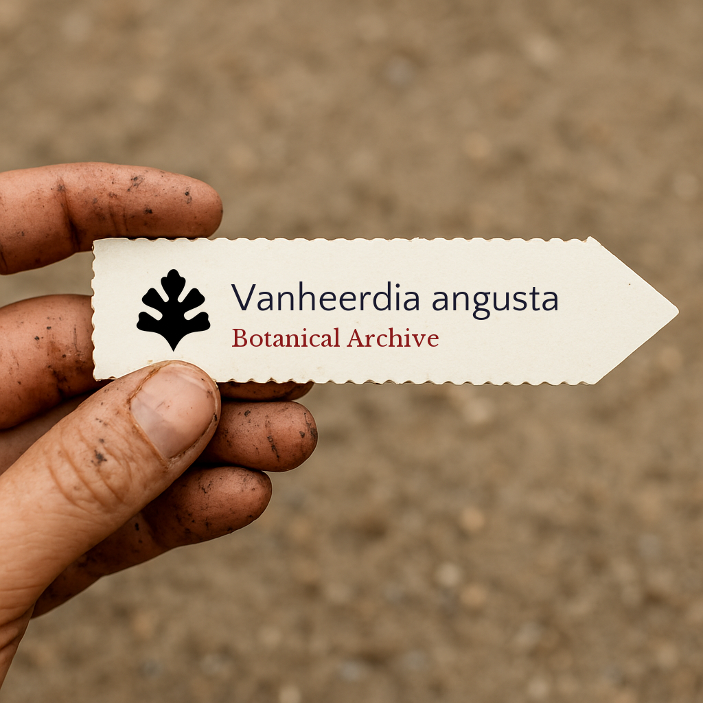 Etichetta per pianta stampata per Vanheerdia angusta tenuta a mano con sfondo di terreno