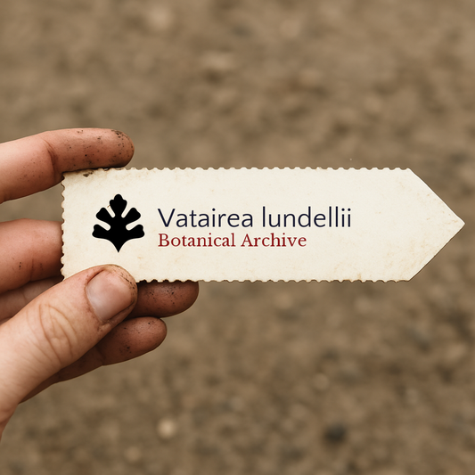 Printed plant label for Vatairea lundellii held by hand with soil background