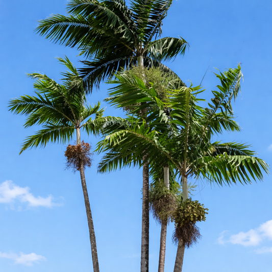 Veitchia joannis tall slender palm trees with green fan-shaped leaves against blue sky