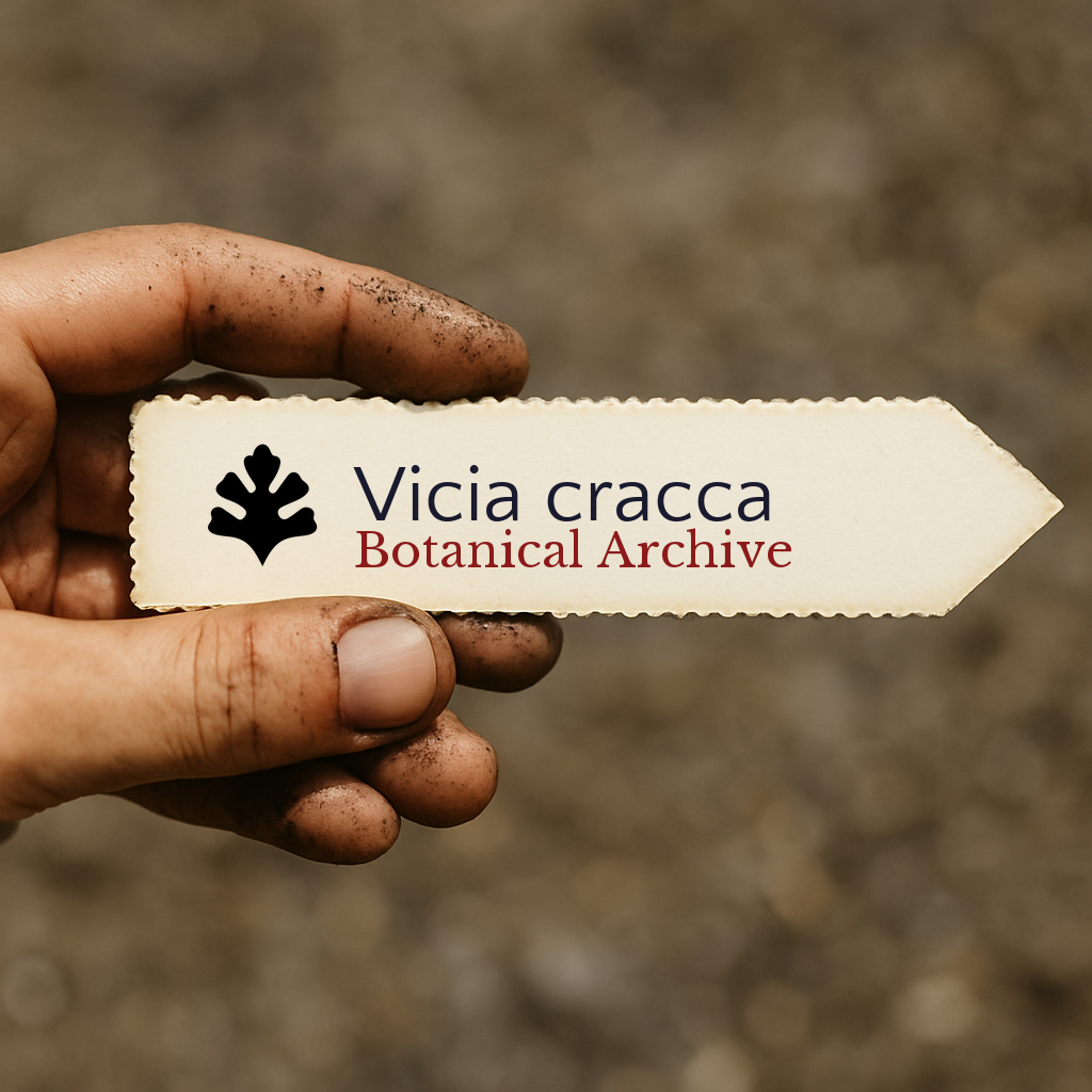 Printed plant label for Vicia cracca held by dirty hand with blurred soil background