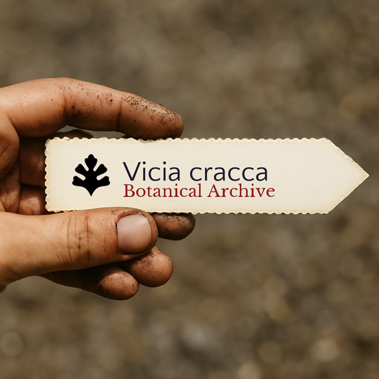 Printed plant label for Vicia cracca held by dirty hand with blurred soil background