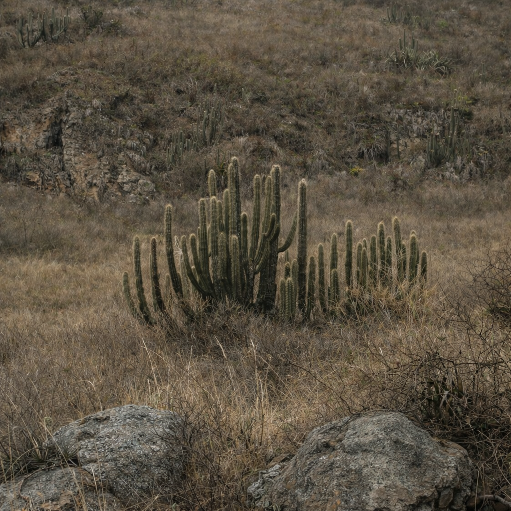 Weberbauerocereus winterianus tall columnar cactus with multiple upright stems in dry landscape