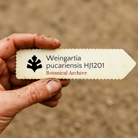 Etichetta stampata per pianta di Weingartia pucariensis HJ1201 tenuta a mano con sfondo di terra