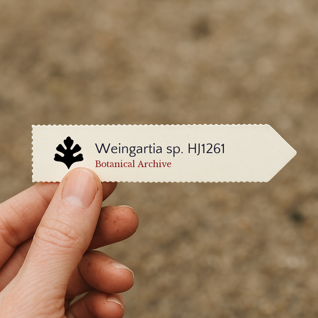 Printed plant label for Weingartia sp. HJ1261 held by hand with botanical archive logo