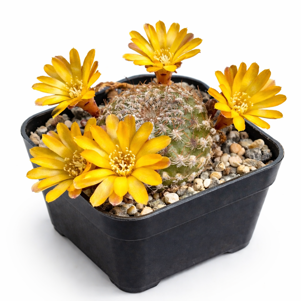 Weingartia erinacea cactus con fiori giallo brillante in vaso di plastica nero