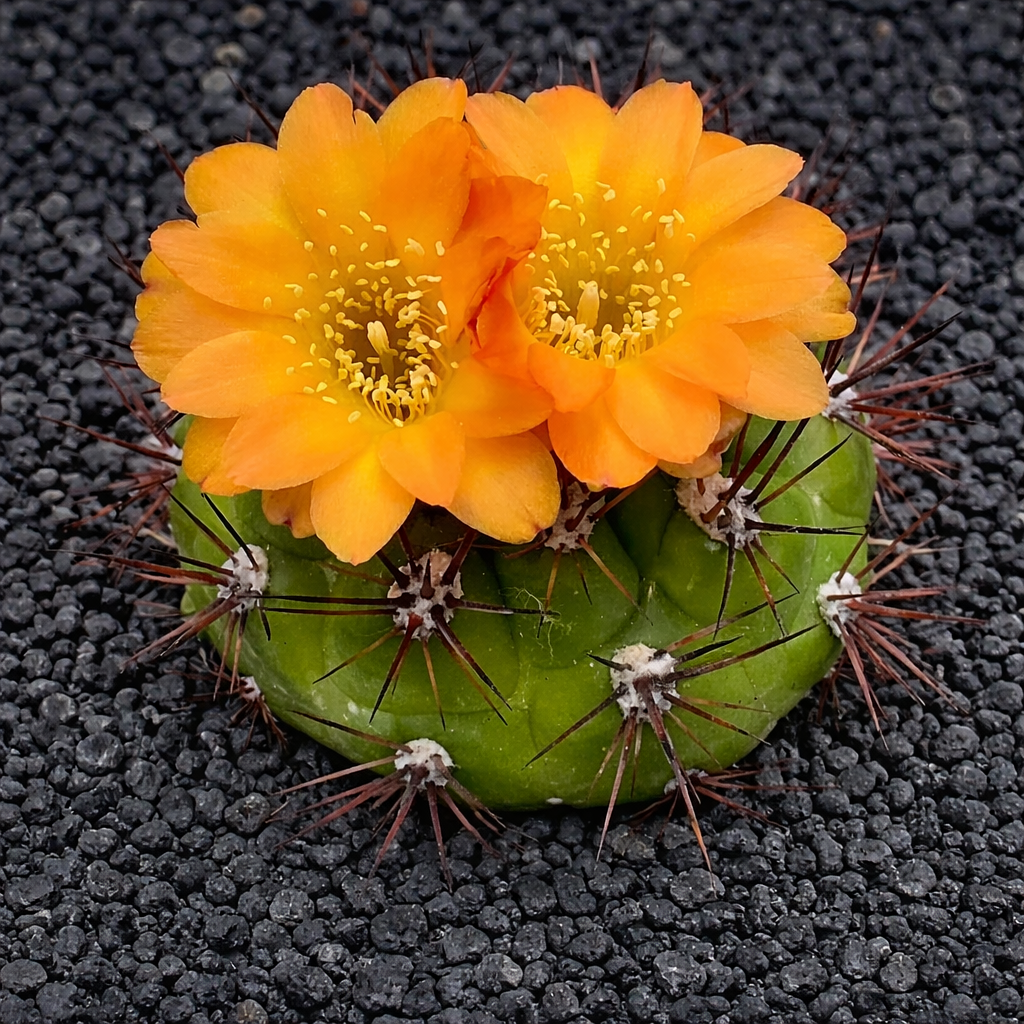 Weingartia kargliana small green cactus with bright orange flowers and long spines on black gravel