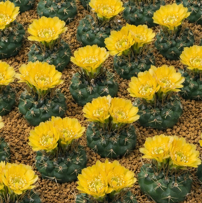 Weingartia pygmaea piccolo cactus rotondo con fiori giallo brillante e spine su ghiaia