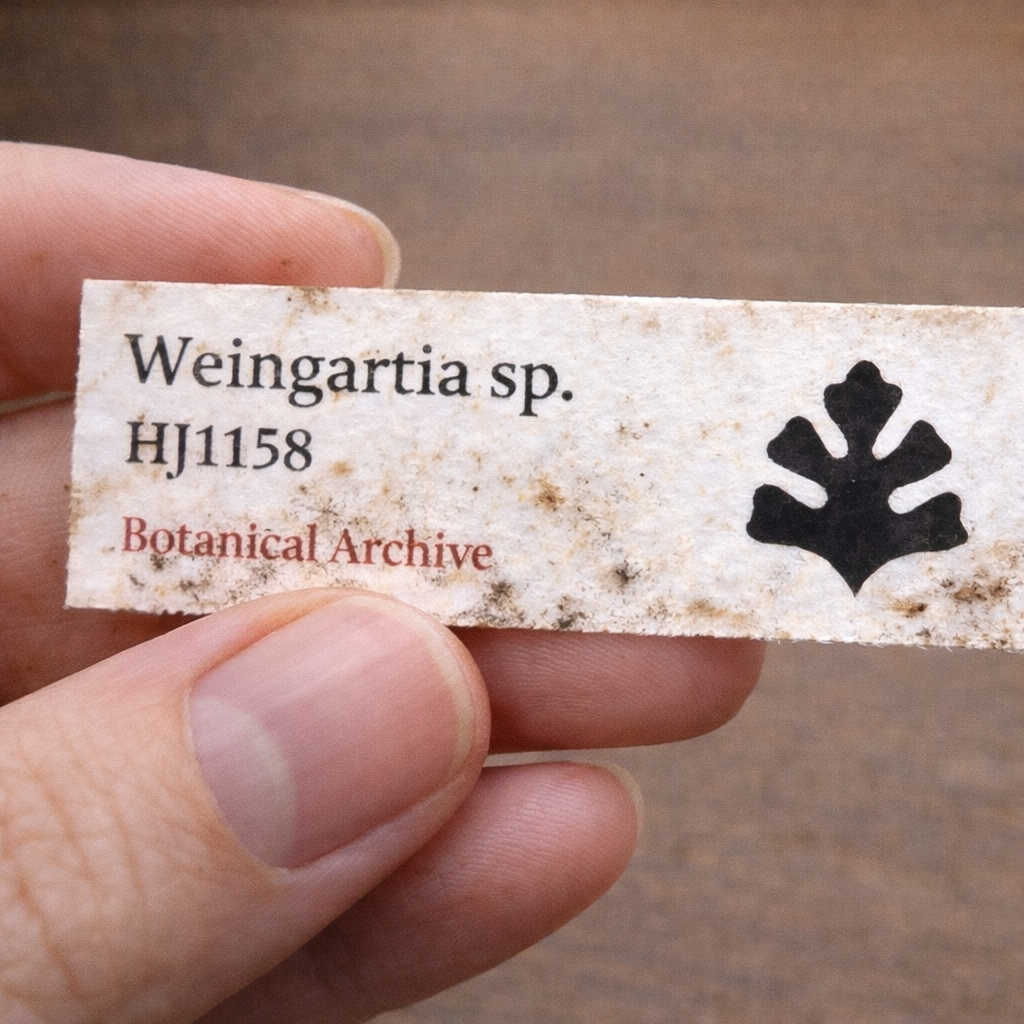Etichetta stampata per pianta Weingartia sp. HJ1158 tenuta in mano con il logo di Botanical Archive