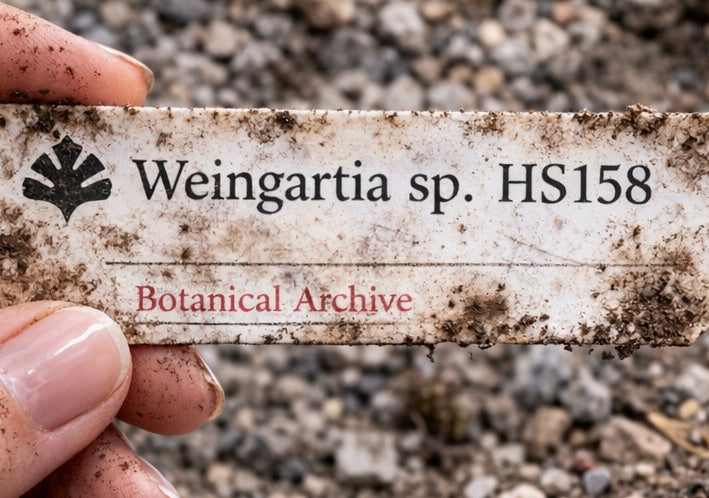 Dirty printed plant label for Weingartia sp. HS158 held over gravel background