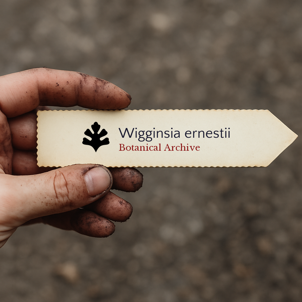Printed plant label for Wigginsia ernestii held by a dirt-stained hand