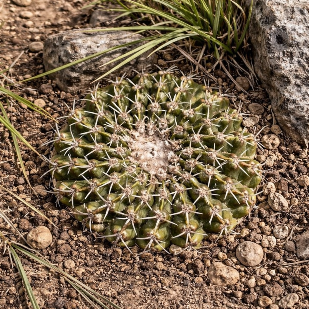 Wigginsia sesseliflora rare succulent cactus with radial spines on rocky soil
