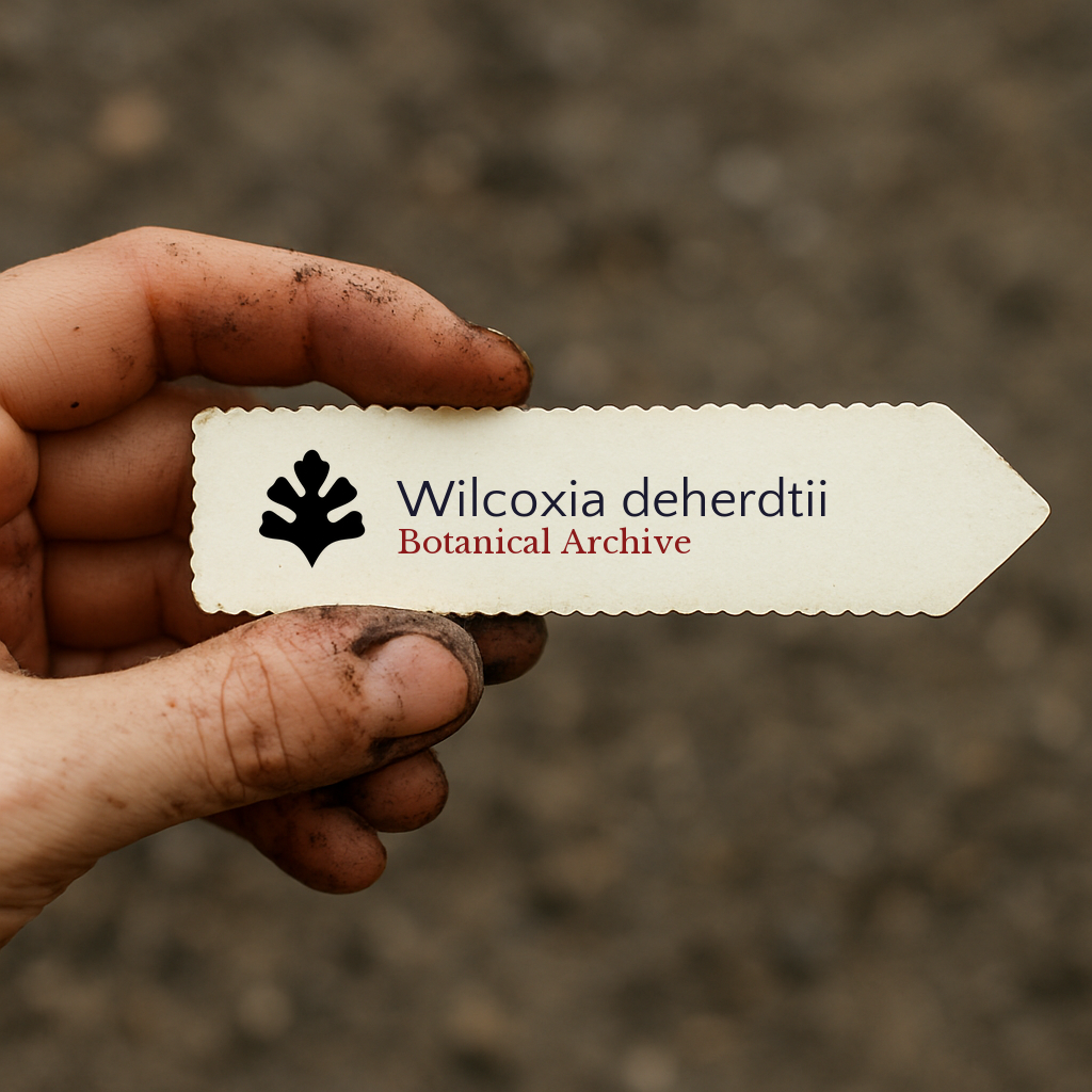 Printed plant label for Wilcoxia deherdtii held by dirty hand over soil background