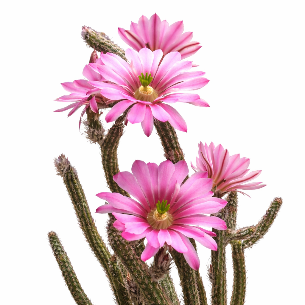 Cactus Wilcoxia tamaulipense con più fiori rosa vivace e gambi verdi spinosi