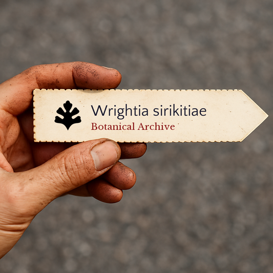 Printed plant label for Wrightia sirikitiae held by hand with dirt on fingers