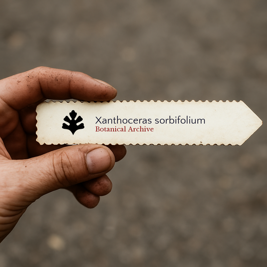 Printed plant label for Xanthoceras sorbifolium with botanical archive logo held by hand