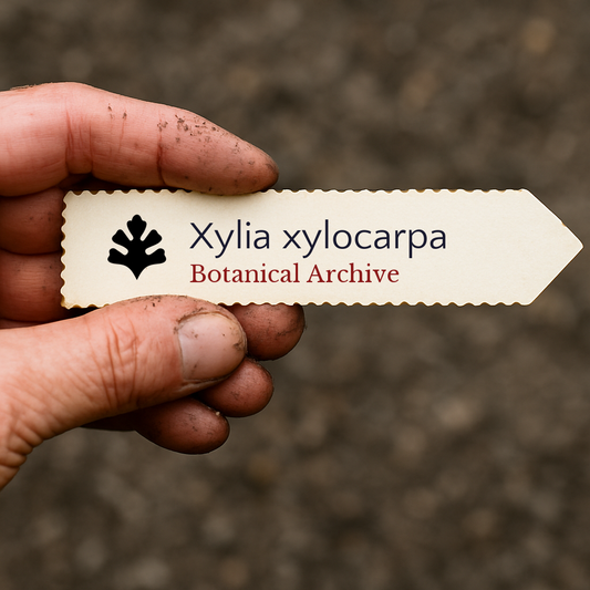 Printed plant label for Xylia xylocarpa held by dirty hand with soil background