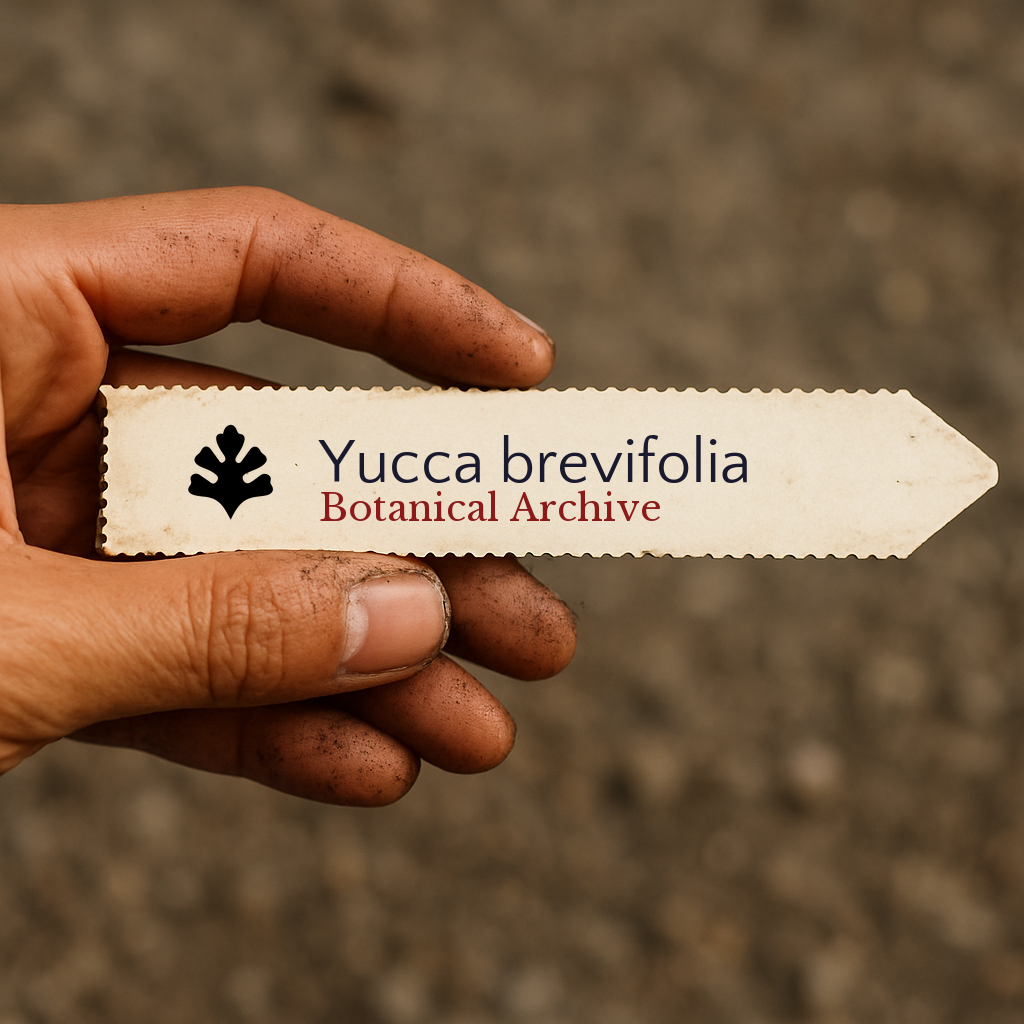 Etichetta stampata per pianta di Yucca brevifolia tenuta da mano sporca su sfondo sfocato