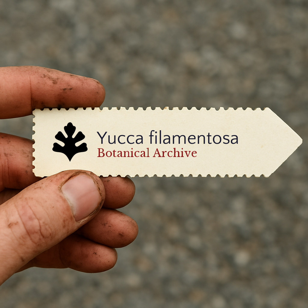 Printed plant label for Yucca filamentosa with botanical archive logo held by dirty hand