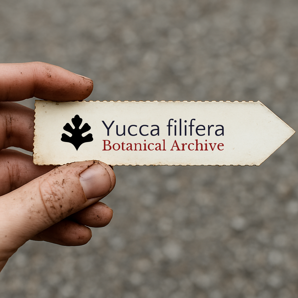 Etichetta per piante stampata per Yucca filifera tenuta da una mano sporca all'aperto