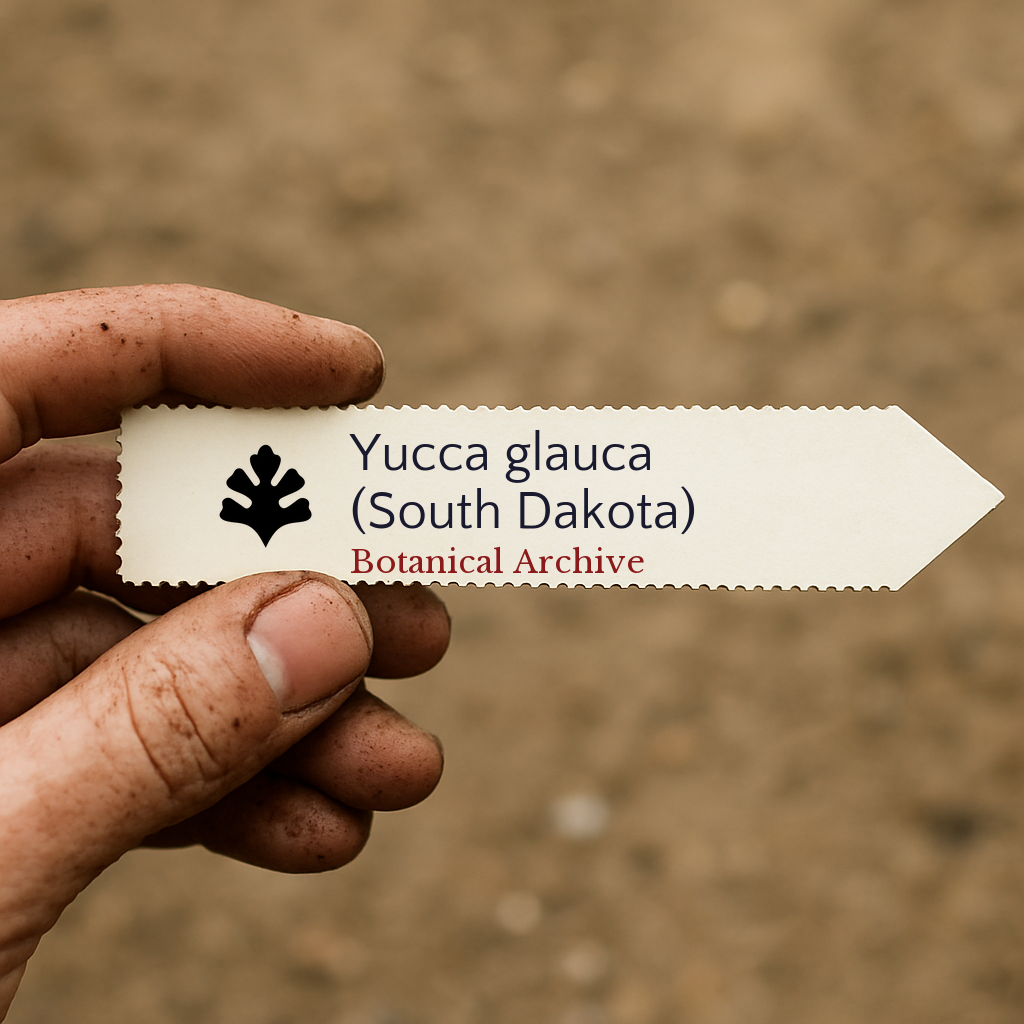 Printed plant label for Yucca glauca held by hand with soil background