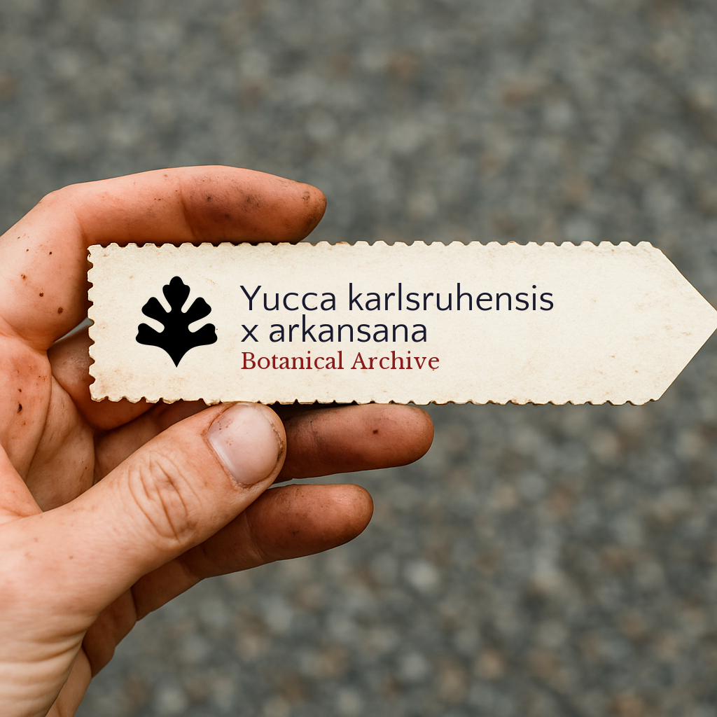 Printed plant label for Yucca karlsruhensis x arkansana held by dirty hand outdoors