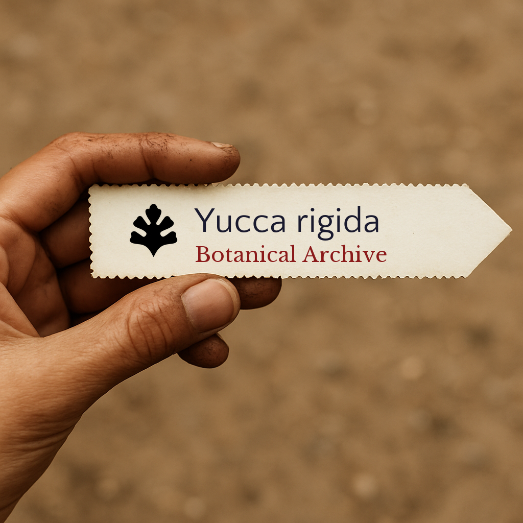 Printed plant label for Yucca rigida held by hand with soil background