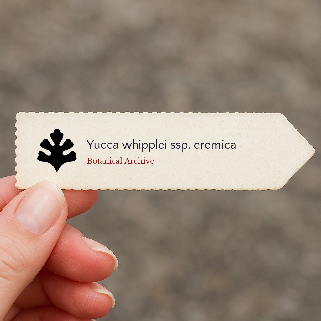 Printed plant label for Yucca whipplei ssp. eremica with botanical archive logo