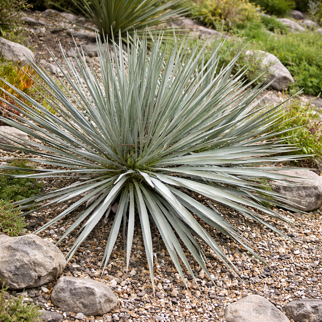 Yucca karlsruhensis x karlsruhensis spiky blue-green succulent plant in rocky garden